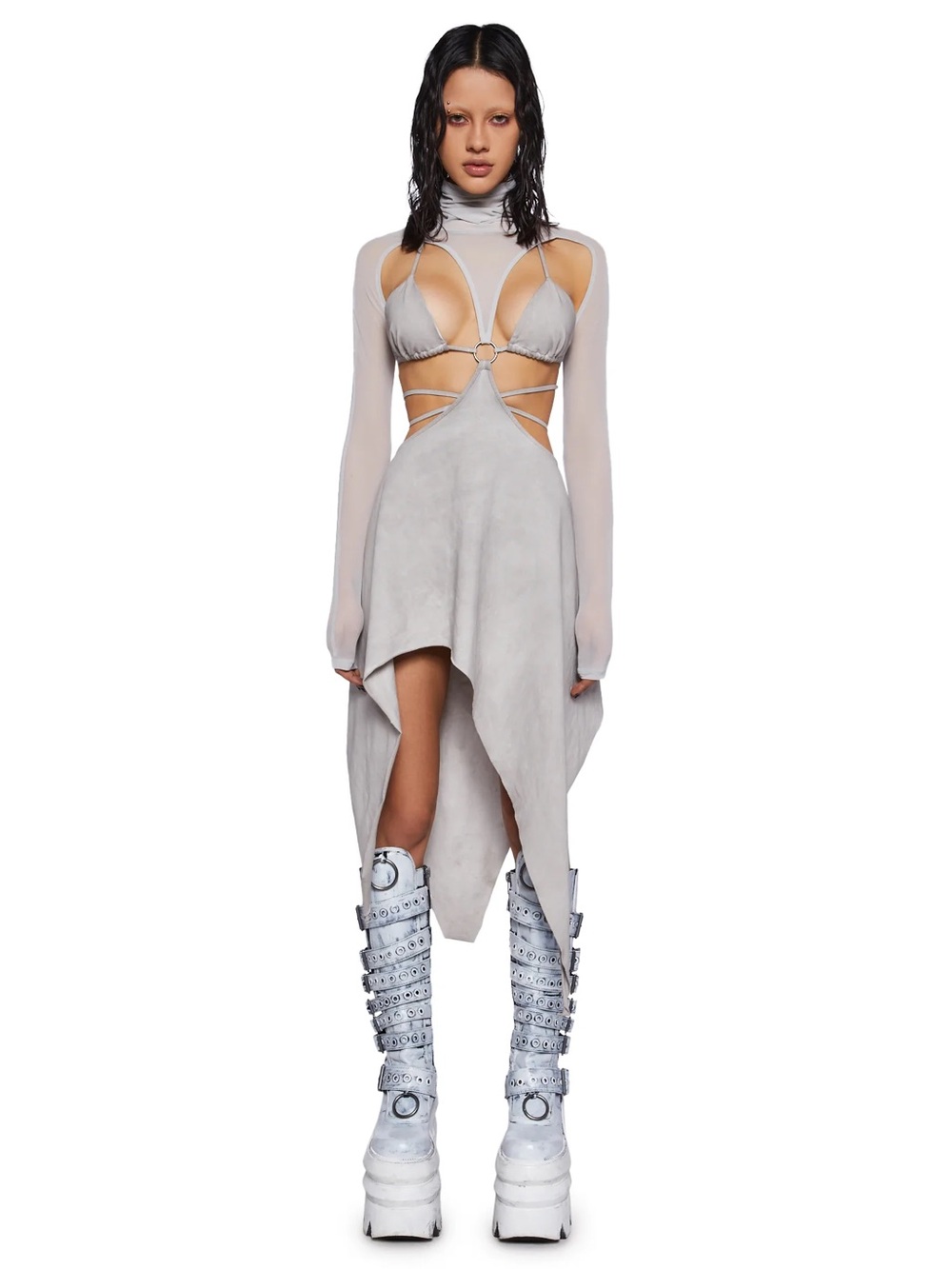 Asymmetrical Cut-Out Mini Dress in Light Gray